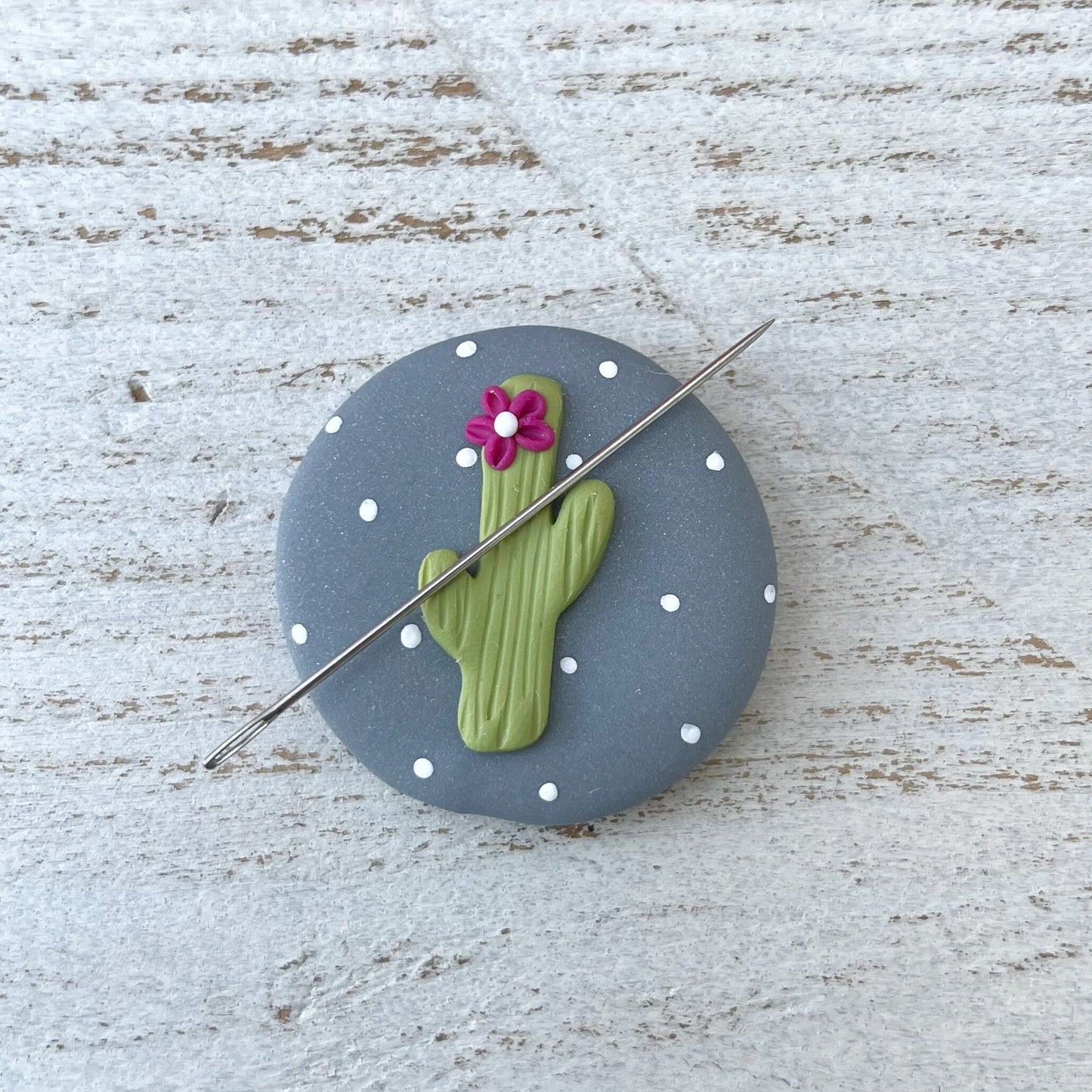 Grey cactus needle minder, needle keeper, magnetic needle holder, spring craft magnet, stitching tools