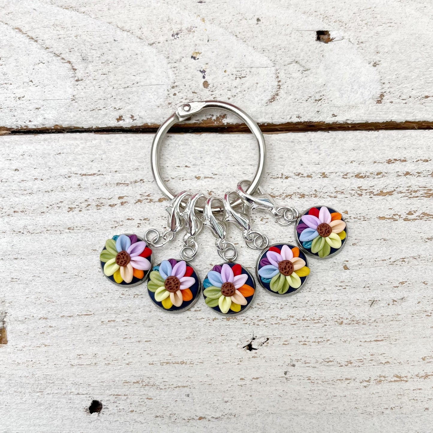 Navy rainbow flower stitch markers, crochet progress keepers, gift for a crafter, polymer clay charms