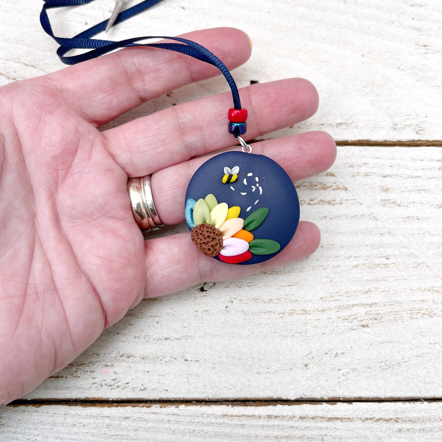 Navy rainbow flower scissor fob, scissor keeper, crochet tools, gift for her, cross stitch accessories