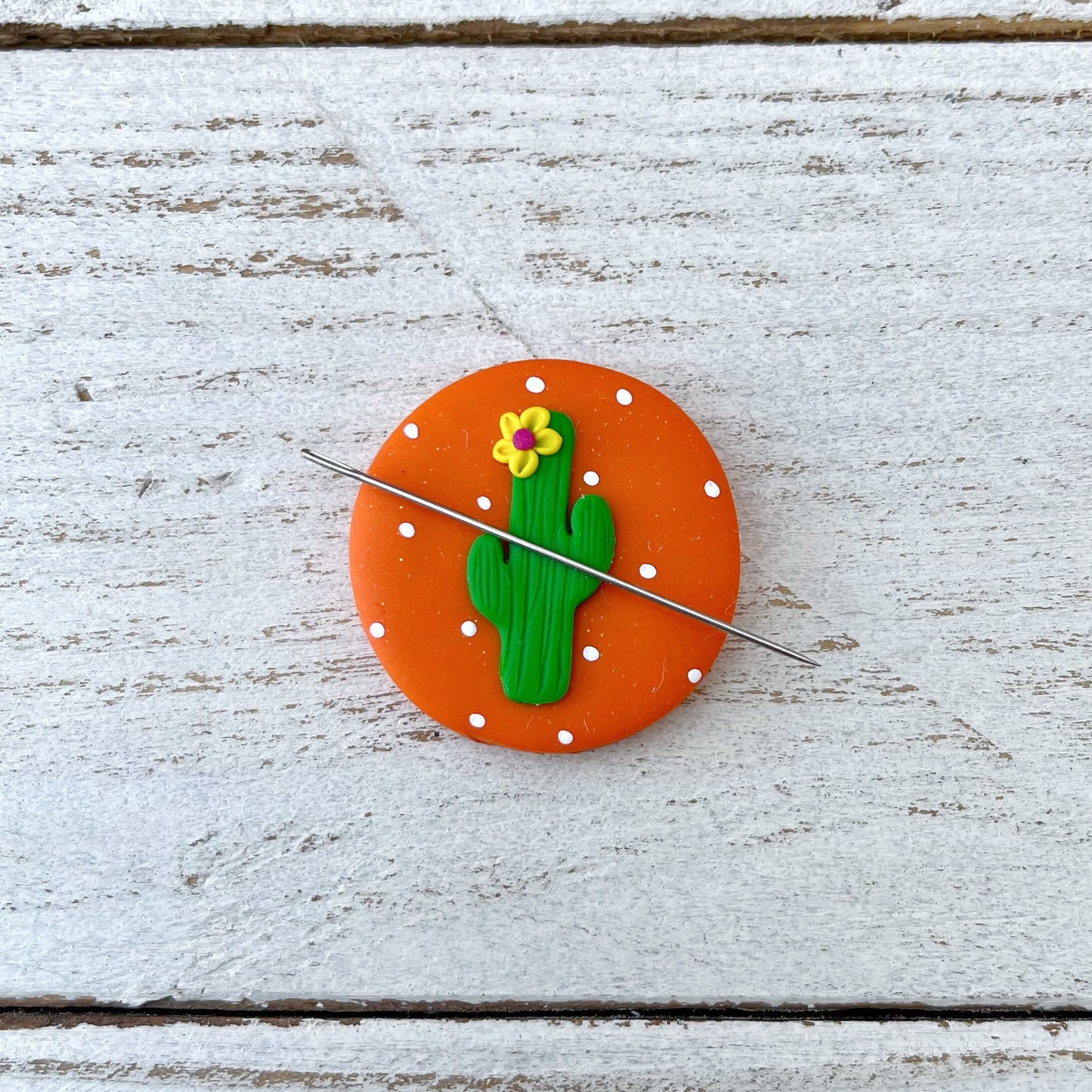 Orange cactus needle minder, needle keeper, magnetic needle holder, succulent craft magnet, stitching tools