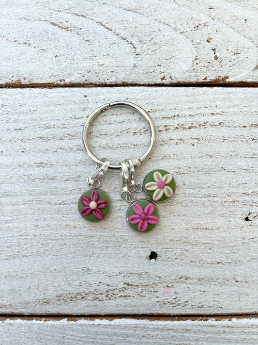 Green and pink flower stitch markers, crochet progress keepers, craft accessories, gift for her
