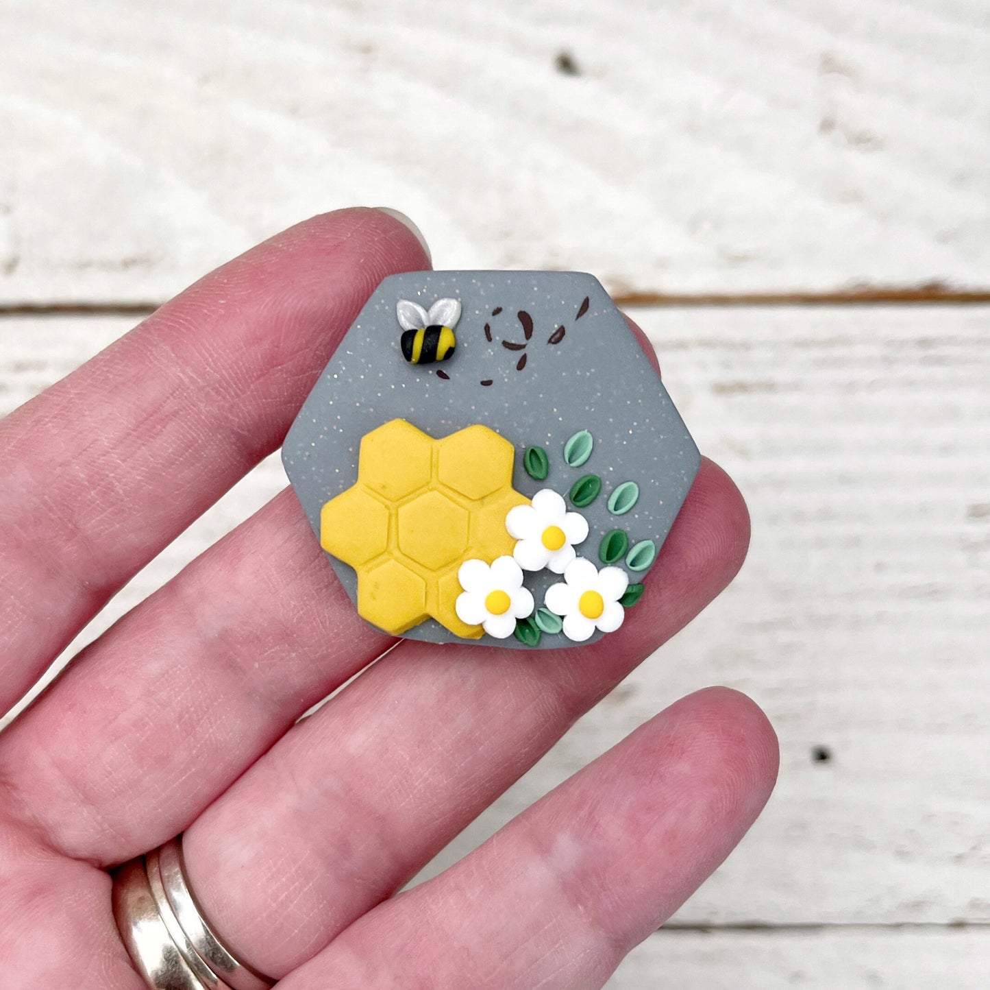 Grey hexagon bumble bee needle minder, sewing needle magnet, cross stitch embroidery needle holders