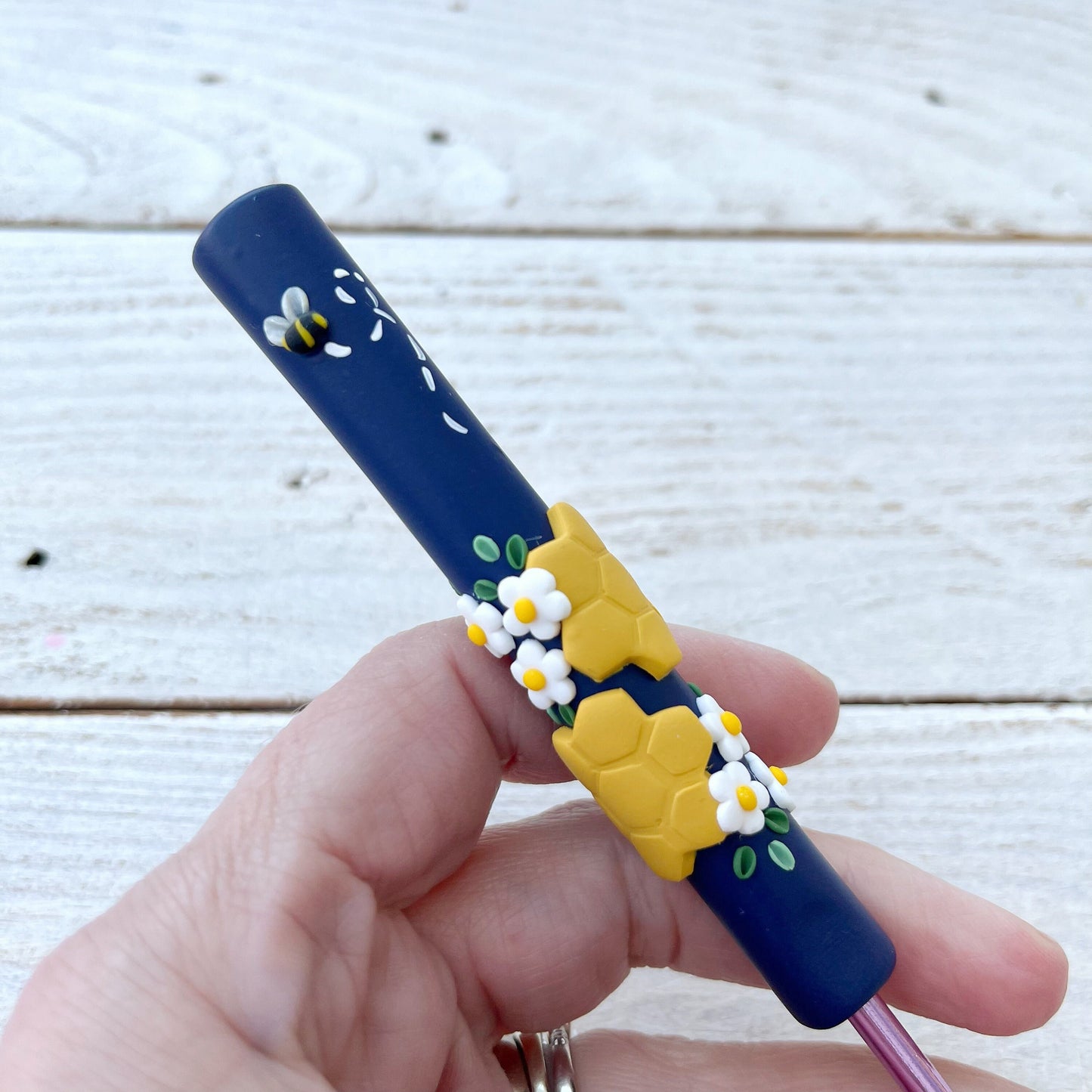 Navy honeycomb bee crochet hook, polymer clay bumble bee crochet hooks, crochet gifts