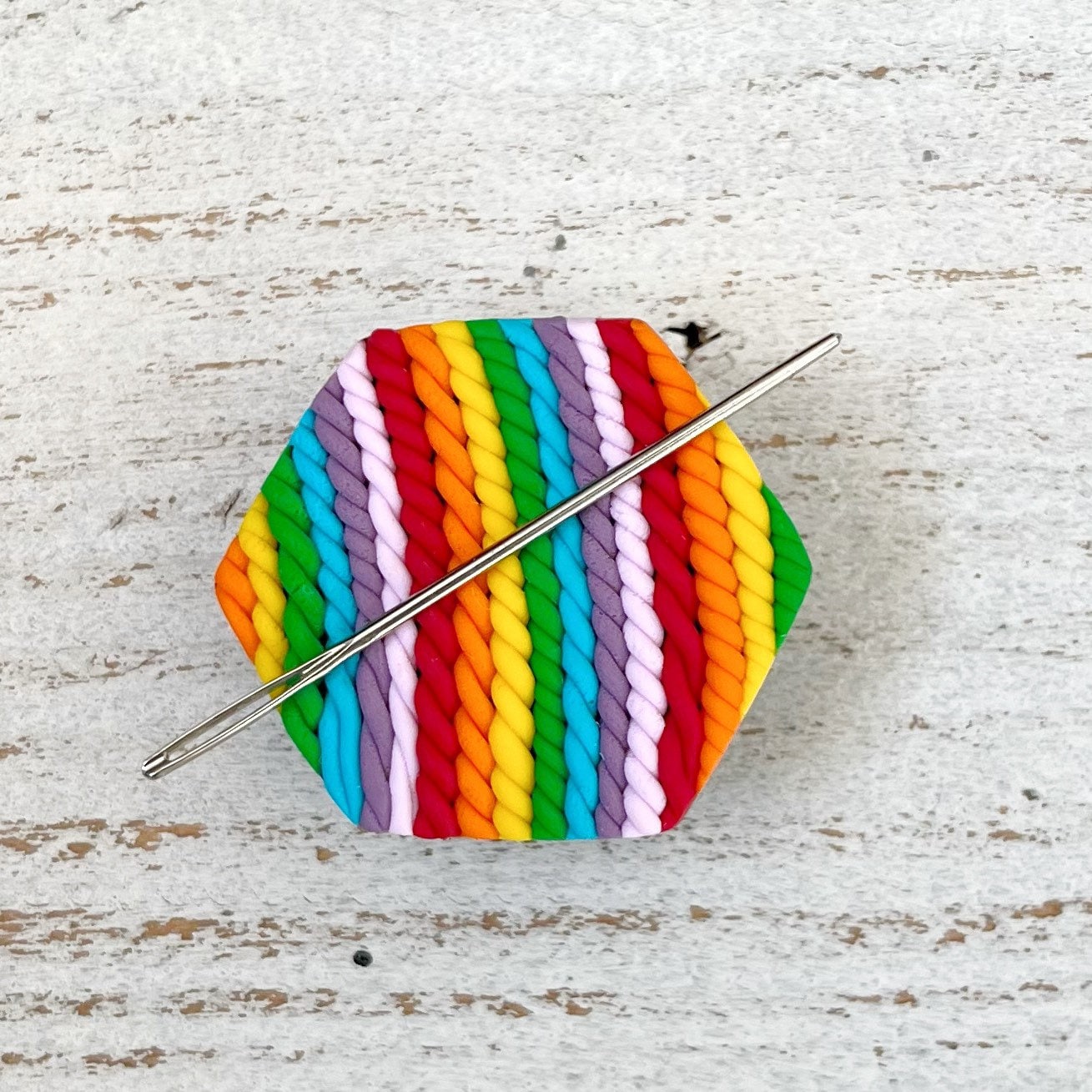 Hexagon bold rainbow yarn needle minder, sewing needle magnet, cross stitch embroidery tools