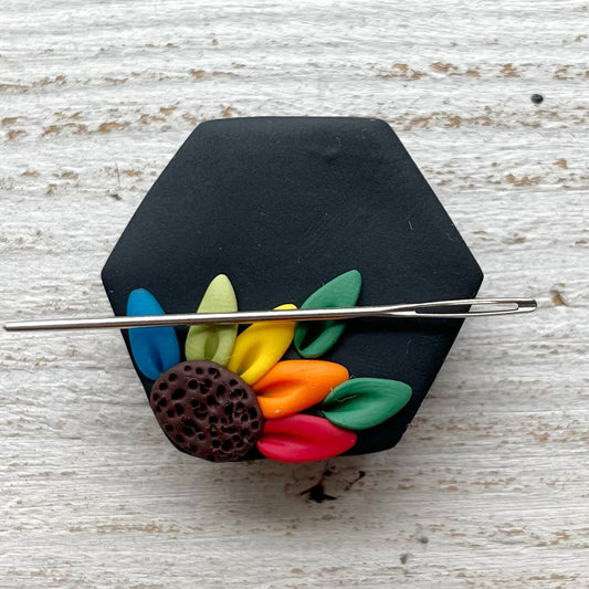 Black rainbow flower hexagon yarn needle minder, sewing needle magnet, cross stitch embroidery tools