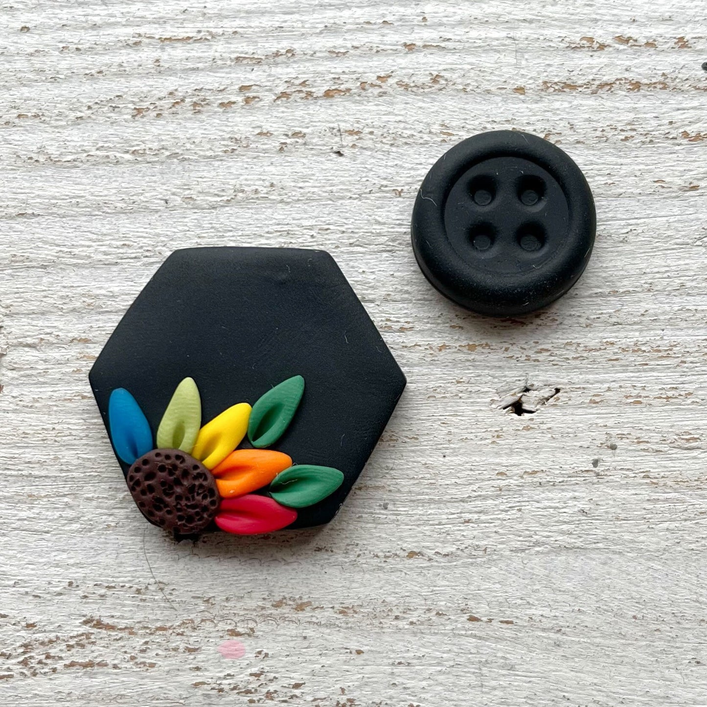 Black rainbow flower hexagon yarn needle minder, sewing needle magnet, cross stitch embroidery tools
