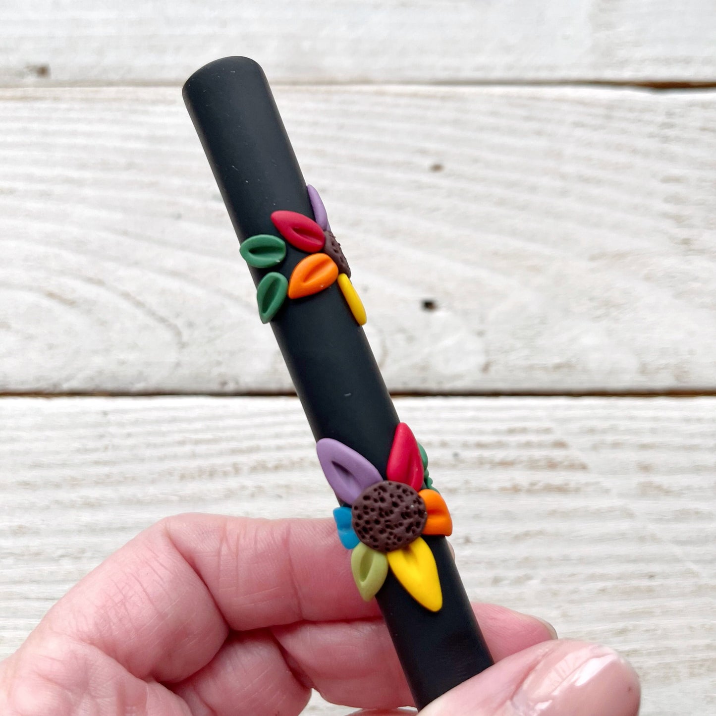 Black rainbow flower polymer clay crochet hook