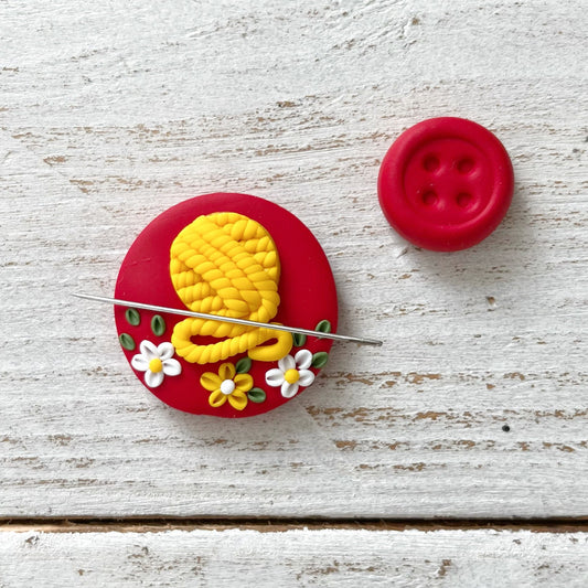 Red and yellow yarn ball magnetic needle minder, sewing magnets