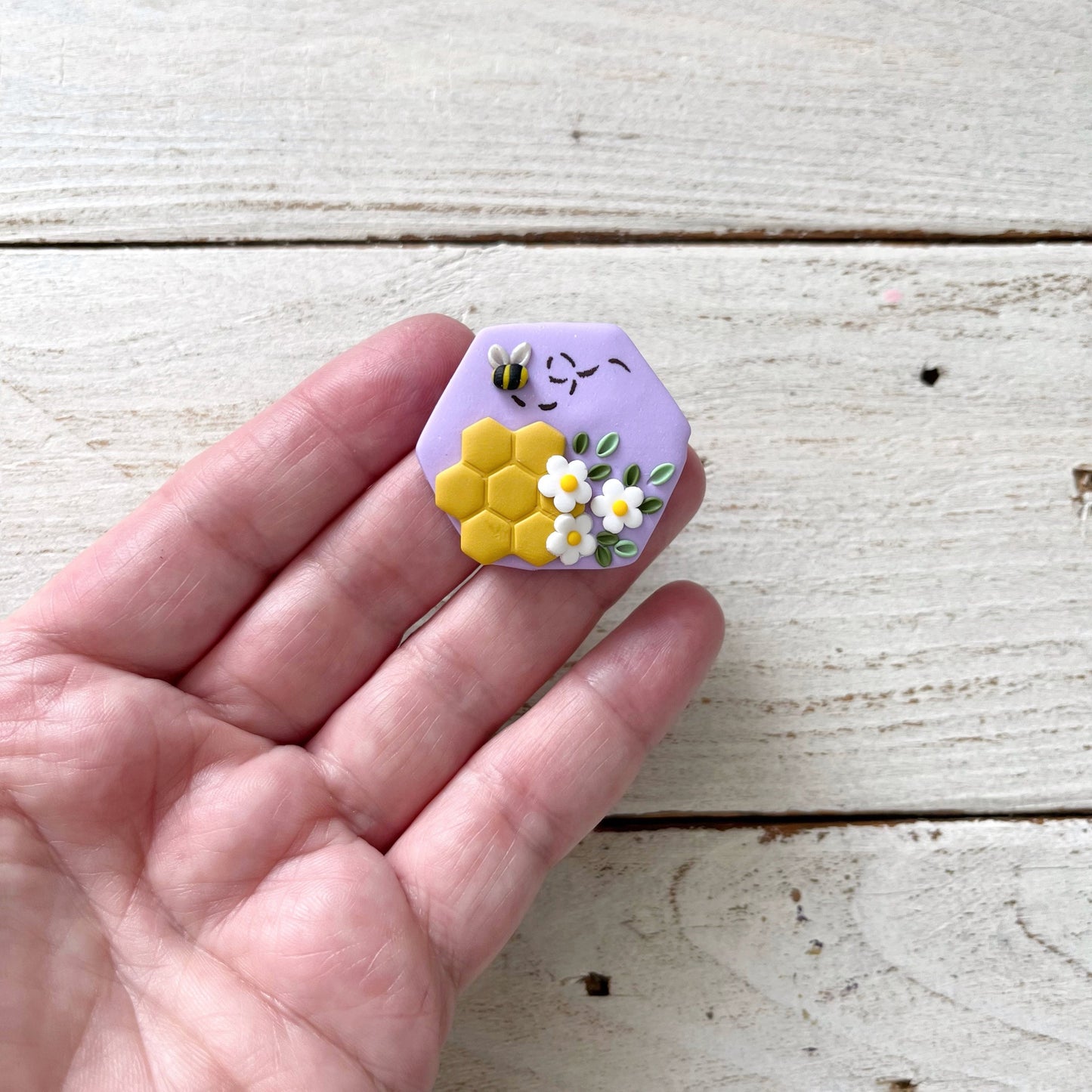 Lilac honeycomb bumble bee needle minder, sewing needle magnet, cross stitch embroidery tools