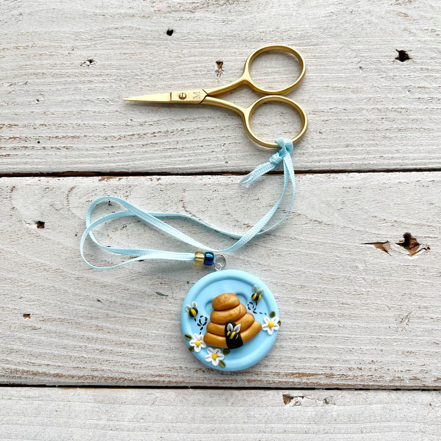 Pale blue beehive scissor fob, embroidery scissor keeper, bumble bee cross stitch embroidery tools