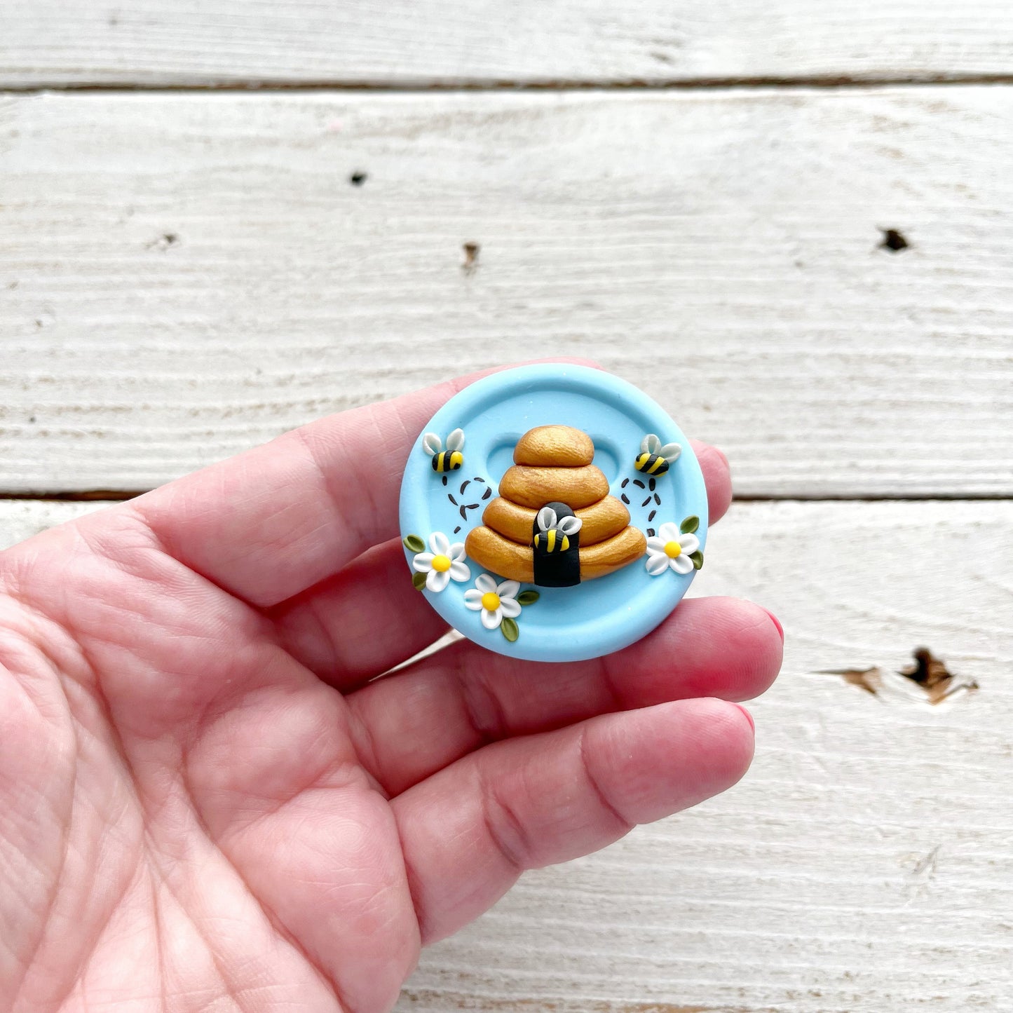 Pale blue beehive needle minder, pin cushion, cross stitch, fridge magnet, bees and beehive, crochet tools, cross stitch accessories