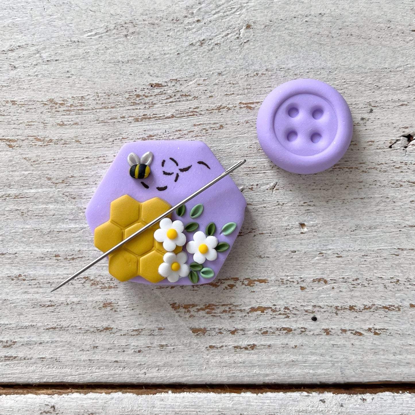 Lilac honeycomb bumble bee needle minder, sewing needle magnet, cross stitch embroidery tools